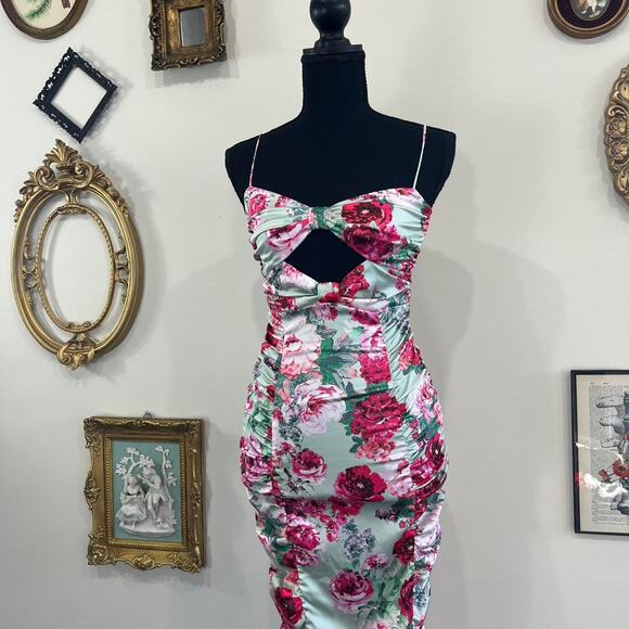 For Love & Lemons Mint Floral Cutout Ruched Midi Dress - Picture 2 of 8